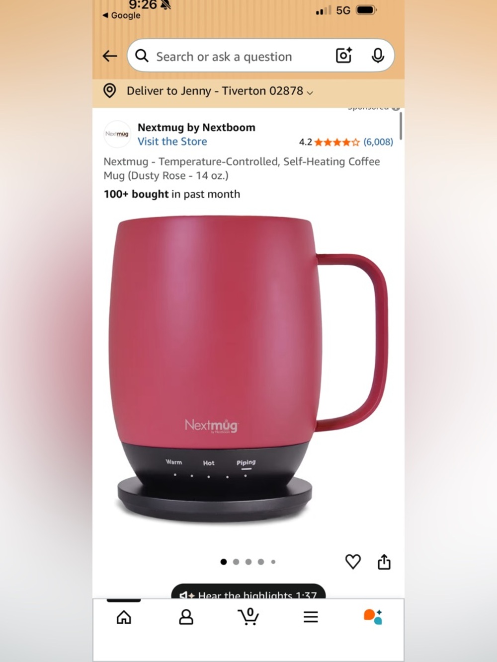 NEW IN BOX Nextmug Self-Heating Coffee Mug in Dusty Rose